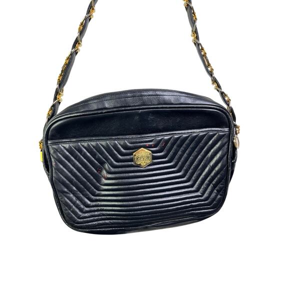 Revillon Handbag Womens Black Leather Gold Chain Strap Old Money Classy - Picture 2 of 9